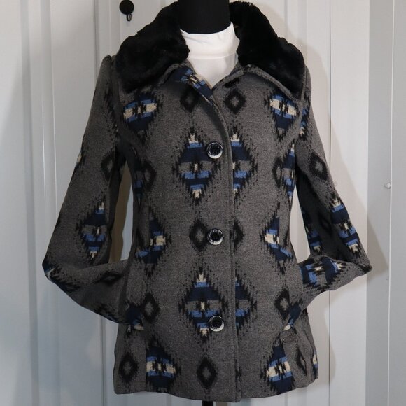 Powder River Outfitters Womens Southwest Aztec Print Overcoat Size Med Gray Blue - Picture 1 of 10